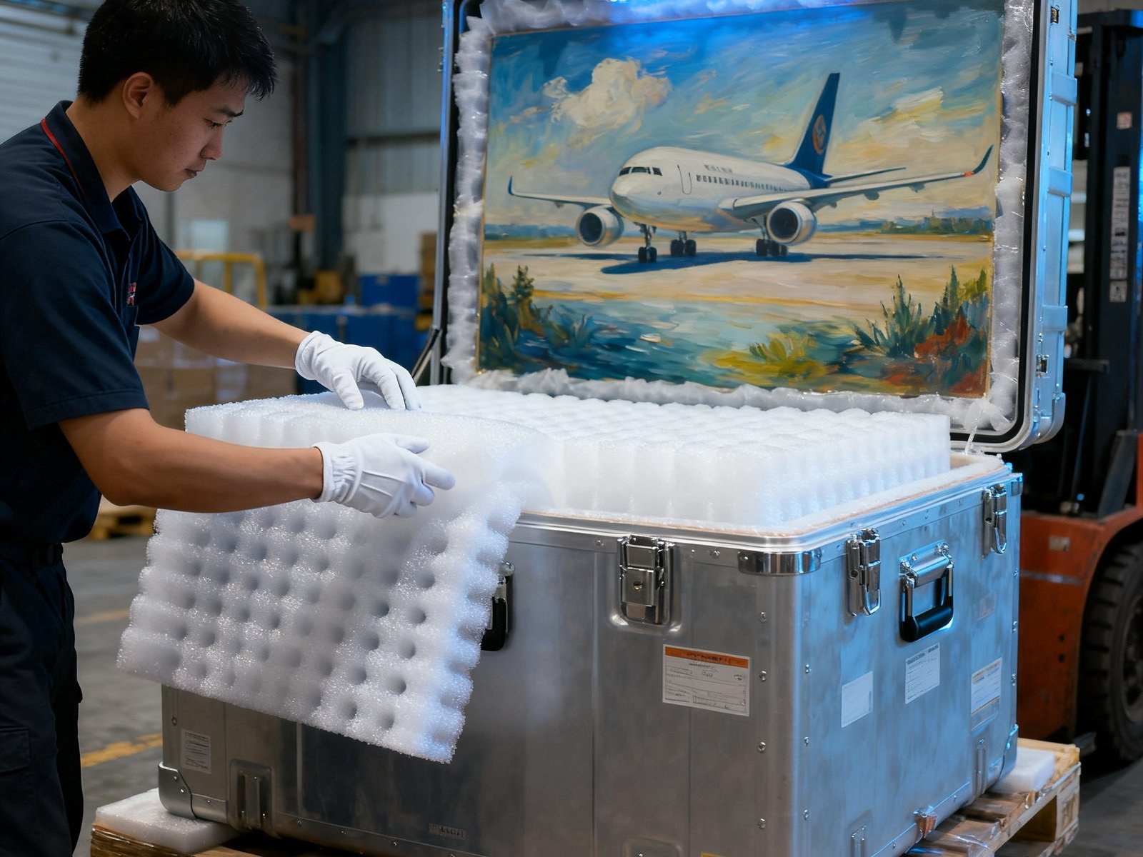 专业艺术品物流团队正在为大型油画进行恒温航空箱体包装，工作人员佩戴白手套操作减震材料