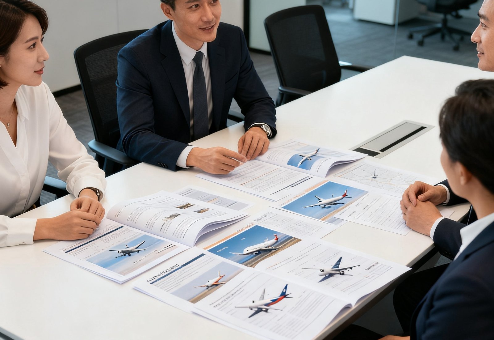 专属客户经理在现代化办公室内与企业客户进行深度需求诊断会议，桌面上摊开着定制化商旅方案文件