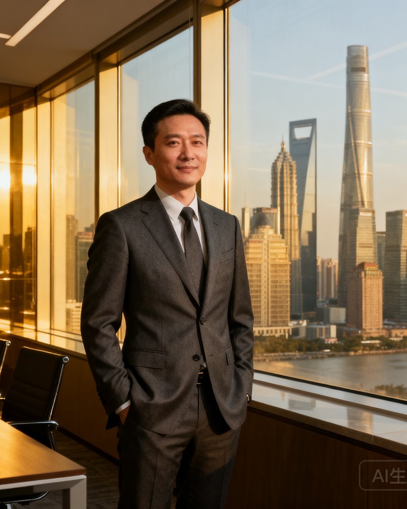 创始人林逸舟先生身着深灰色定制西装，自信沉稳地站在上海总部办公室落地窗前，窗外可见陆家嘴天际线